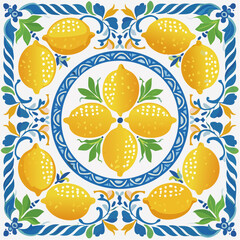 A seamless Sicilian lemon tile pattern featuring bright citrus and blue ceramic motifs. Perfect for textiles, kitchen decor, and Mediterranean branding.