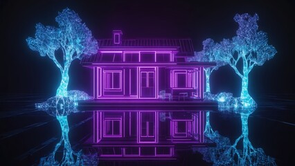 A futuristic neon architectural house glowing with vibrant purple lights, by luminous digital trees, reflected on a glossy surface, blending modern design and virtual imagination in a sci-fi style.