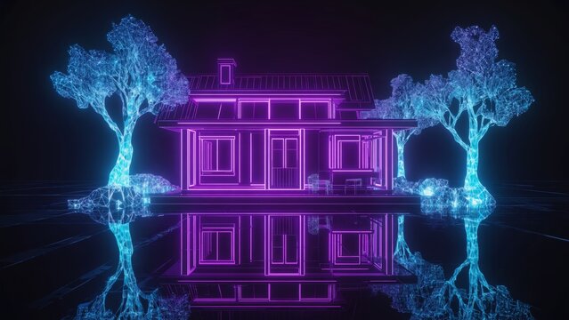 A futuristic neon architectural house glowing with vibrant purple lights, by luminous digital trees, reflected on a glossy surface, blending modern design and virtual imagination in a sci-fi style.