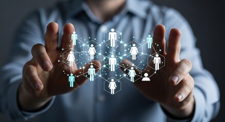 Hands holding a glowing network of diverse people icons representing global connections and human resources in a digital world
