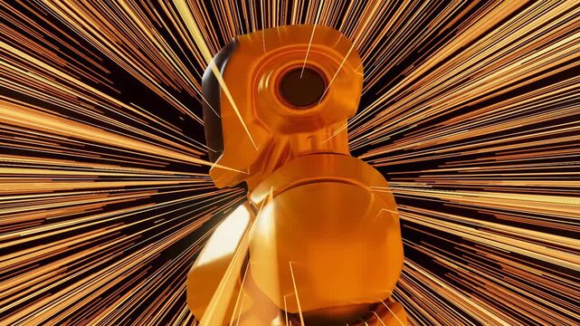 Cybernetic android intersected by neon lines, artificial intelligence and data flow concept..