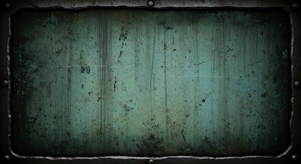 A weathered textured dark teal metal surface with visible vertical grain and distressed imperfections framed by a rough dark border