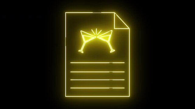 Neon yellow invitation with clinking glasses and blank lines against a black backdrop
