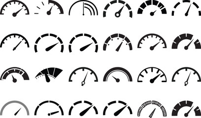 Collection of Various Speedometer and Gauge Icons on White Background