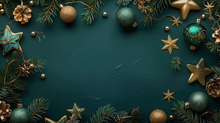 Elegant Christmas Background Frame with Gold Stars, Green Ornaments