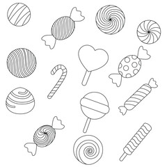 Cute cartoon hand drawn vector Sweet and candies outline.