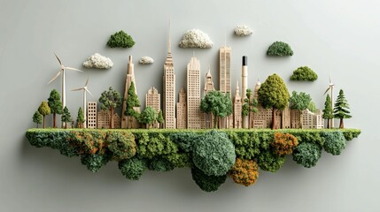 Sustainable city skyline concept with lush greenery and wind turbines floating on a verdant island against a neutral background
