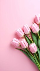 Fototapeta premium Elegant bouquet of pink tulips on a pastel pink background, spring flowers