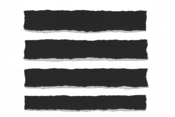 Black torn paper strips with ripped edges and texture forming an abstract overlay on a transparent background