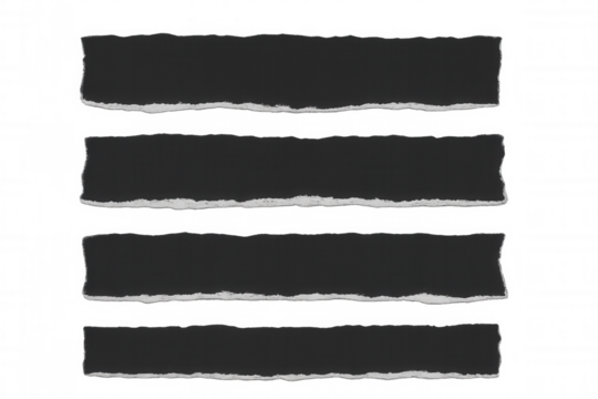 Black torn paper strips with ripped edges and texture forming an abstract overlay on a transparent background