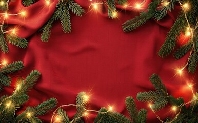 Christmas Frame with Glowing Fairy Lights and Pine Branches on Red Wood Background