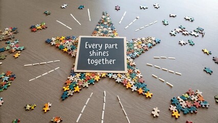 Colorful Puzzle Pieces Arranged in Star Shape with Inspirational Message "Every Part Shines Together"
