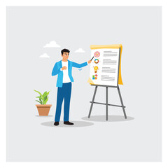 Businessman Presents Marketing Chart Project Brief on Meeting Room Whiteboard.