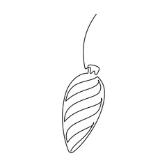Holiday decor. Hand drawn Christmas tree ball bauble line continuous drawing vector. Festive illustration, print, banner, card, poster, sign, symbol, logo, ornament, outline icon, cartoon, doodle