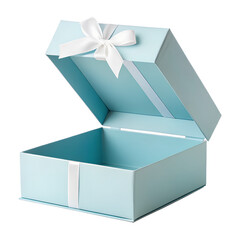 Elegant light blue gift box with white ribbon bow open and empty on a transparent background for surprise or celebration isolated on transparent background