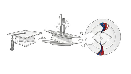 Graduation cap being transformed into a plate with cutlery, symbolizing the transition from education to a culinary career.