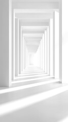 Obraz premium Infinite white corridor with receding columns and bright light, modern architecture background