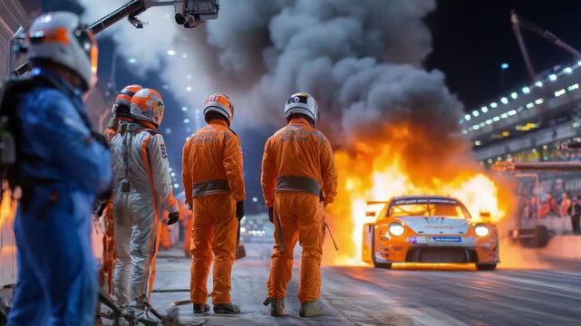 Inferno on the Track: Witness the gripping drama as flames erupt from a racing car during a high-stakes pit stop, while the dedicated pit crew watches, their expressions a blend of focus and concern.