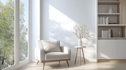 Fototapeta premium Minimalist interior with armchair, side table, bookshelf, and sunlight streaming through a large window