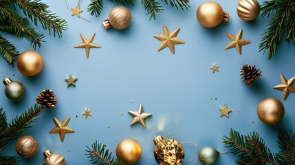 Elegant Christmas Background Frame with Gold Stars, Green Ornaments