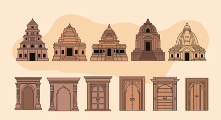 Collection of traditional Indian architectural structures and doorways in pixel art style.