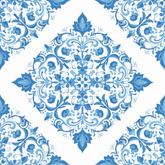 Fototapeta premium A seamless Italian Renaissance blue tile pattern with cobalt decorative motifs. Ideal for wallpapers, packaging, and classical design projects.
