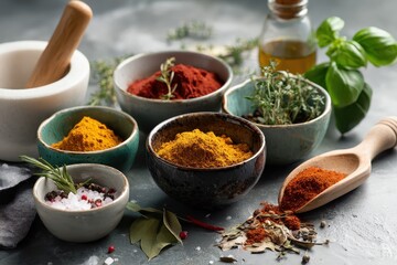 Collection of vibrant spices and herbs in small bowls arranged for cooking on a rustic tabletop with olive oil and fresh ingredients