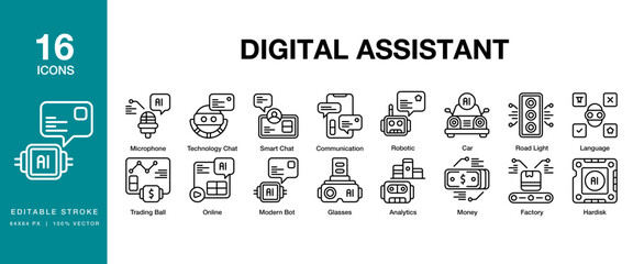 Digital Assistant icon set. Includes digital, technology, assistant, ai, online and More. Editable Stroke Icon Collection.