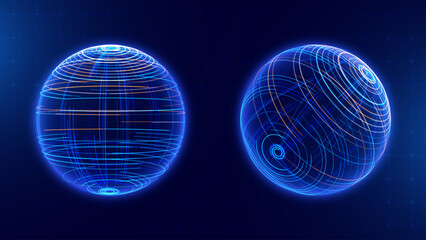 Abstract 3D Spheres of Neon Dots and Stripes. Hi-Tech Orb HUD Design Element. Global Network Connection. Abstract Globe Grid. Science and Technology Vector Illustration. © ec0de