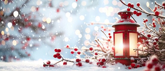Red Lantern and Frosted Holly Berries in Snowy Winter Landscape