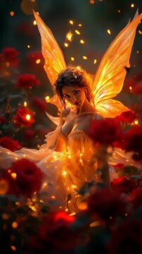 Ethereal fairy with glowing wings surrounded by red roses and soft lights