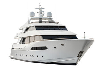 Luxurious white motor yacht with multiple decks and windows showcasing modern design and elegance isolated on transparent background