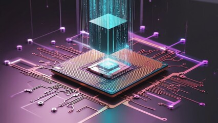 Futuristic 3D illustration glowing cube projecting above microchip with neon circuitry, artificial intelligence, blockchain, digital innovation, computing, big data, future technology, cyber systems.