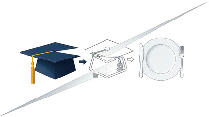 Conceptual image illustrating the transition from academic education (graduation cap) to career and sustenance (plate and cutlery), symbolizing the practical outcomes of learning.