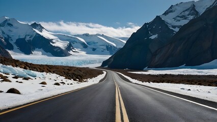 Straight Road with Snowy Mountains