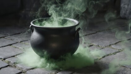 A black cauldron sits amidst green smoke on a cobblestone surface, creating a mystical atmosphere