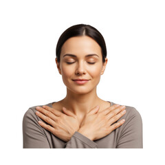 Peaceful Woman with Eyes Closed and Hands on Chest Expressing Serenity and SelfLove