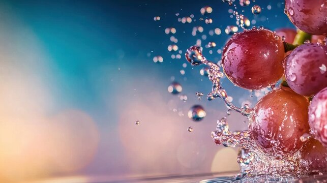 Grapes splash in clear water creating dynamic patterns and droplets