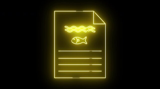 Glowing yellow outline of a document icon with waves a fish  lines set against a black background