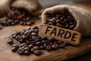 Roasted coffee beans spilling from a burlap sack with an inscription promoting fair trade in a rustic setting