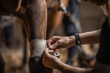Veterinarian dressing a horse's injured leg with medical bandages in a stable setting during daylight hours