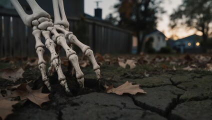 A bony hand reaches from above, touching cracked earth with fallen leaves in a dusk setting