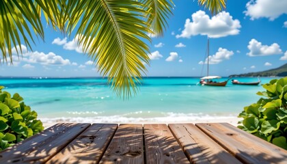 Tropical Beach Scene with Rustic Table and Palm Fronds