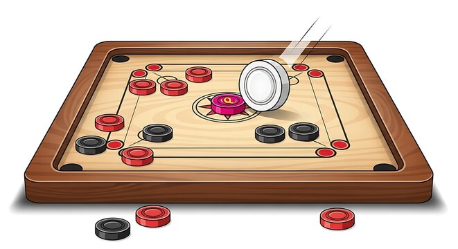 Carrom Board Game Illustration - Striker Hitting Discs on Wooden Board.