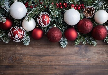 Red, White, and Silver Christmas Ornaments with Pine on Dark Wood Background