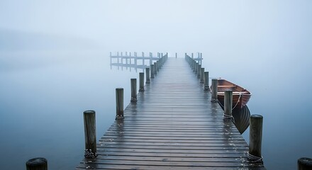 Fototapeta premium A wooden pier stretching into a misty lake with a small boat tied to the side of the dock area edge