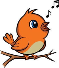 Cartoon orange bird, singing pose, musical notes, perched on branch, cheerful expression, cad drawing flat vector illustration, nature theme