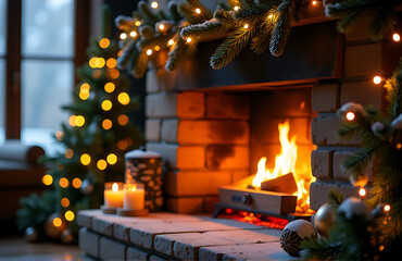 warm golden light spills crackling fireplace surrounded lush evergreen garlands twinkling fairy lights snowy