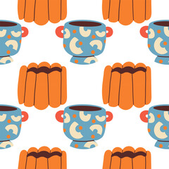 Abstract pottery seamless pattern. Ceramic vases, clay bowls and glass pots bg. Minimal boho shapes, freeform elements, simple jug and jar silhouettes. Modern earthy tones hand drawn icon background