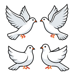 Four white doves in flight and perched symbols of peace and love for design projects